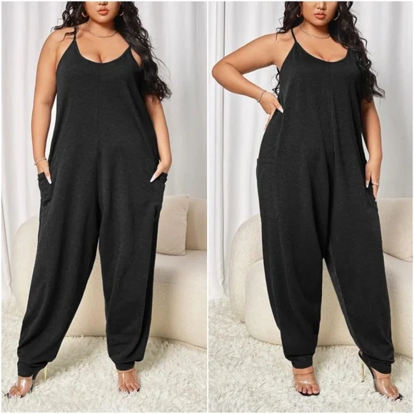 Plus Boho Black Loose Fit pockets Cami Jumpsuit - Picture 1 of 7